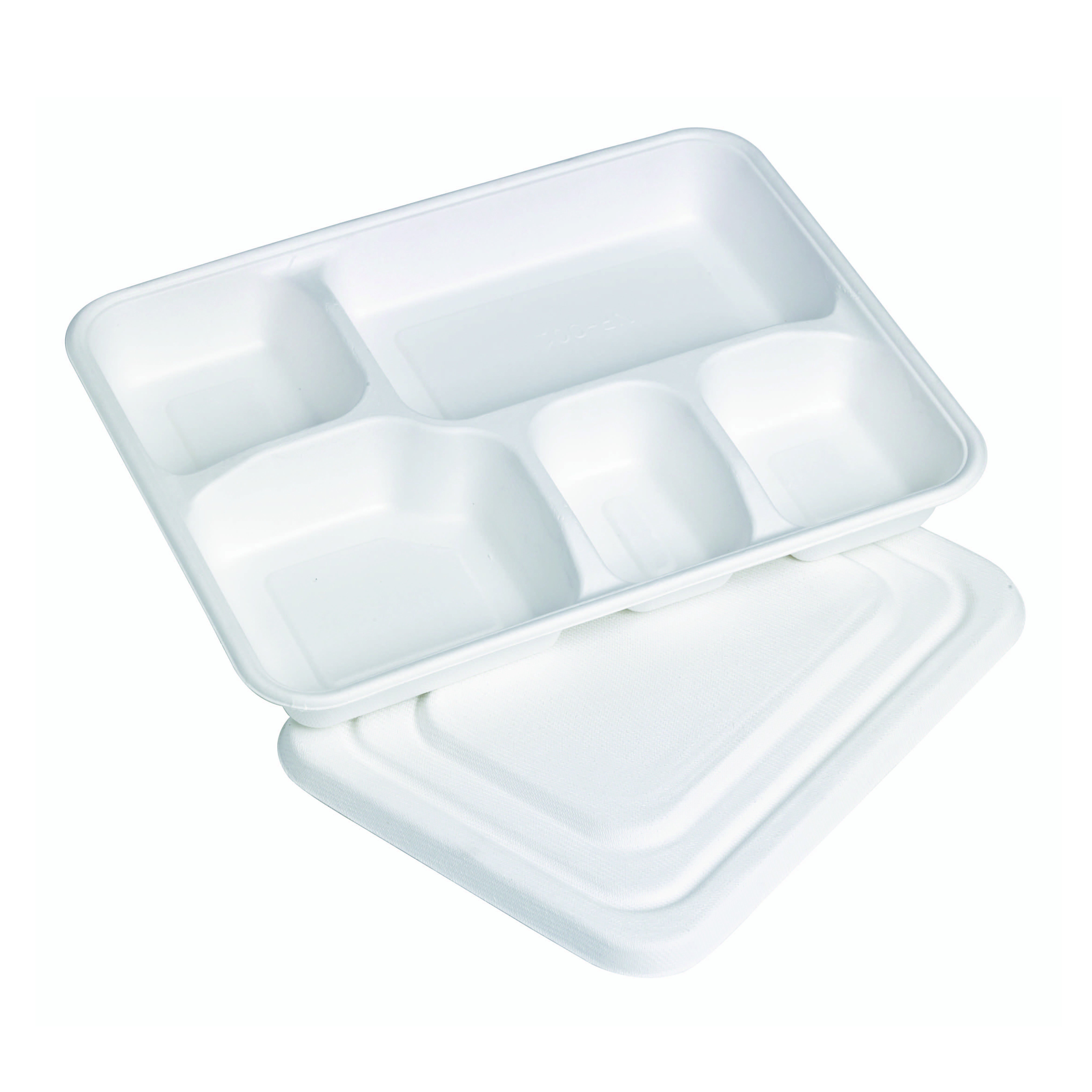 50Pcs - Plateau repas pulpe 5 compartiments avec couvercle  282x220x37,5mm FirstPack - Mathon