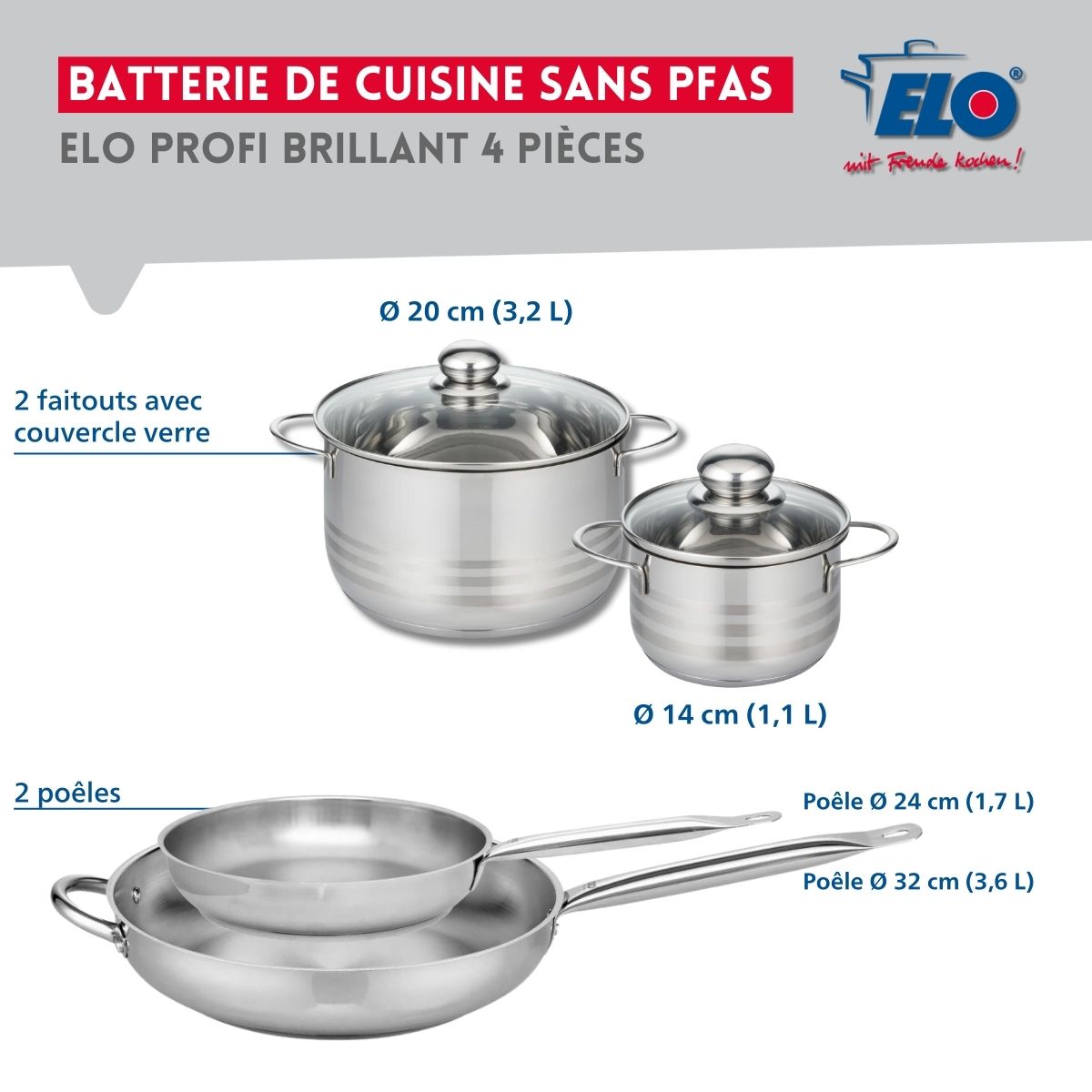 Ensemble de 2 Poêles de cuisson 24 et 32 cm et 2 faitouts 14 et 20 cm  Profi Brillant Elo - Mathon - 2