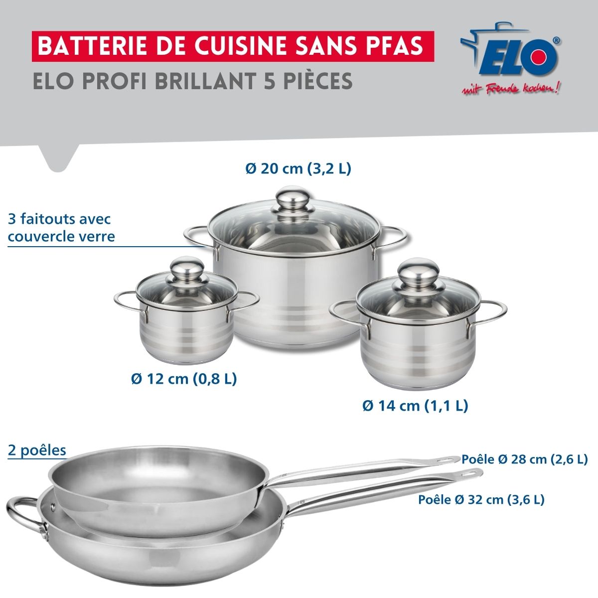 Ensemble de 2 Poêles de cuisson 28 et 32 cm et 3 faitouts 12, 14 et 20 cm  Profi Brillant Elo - Mathon - 2