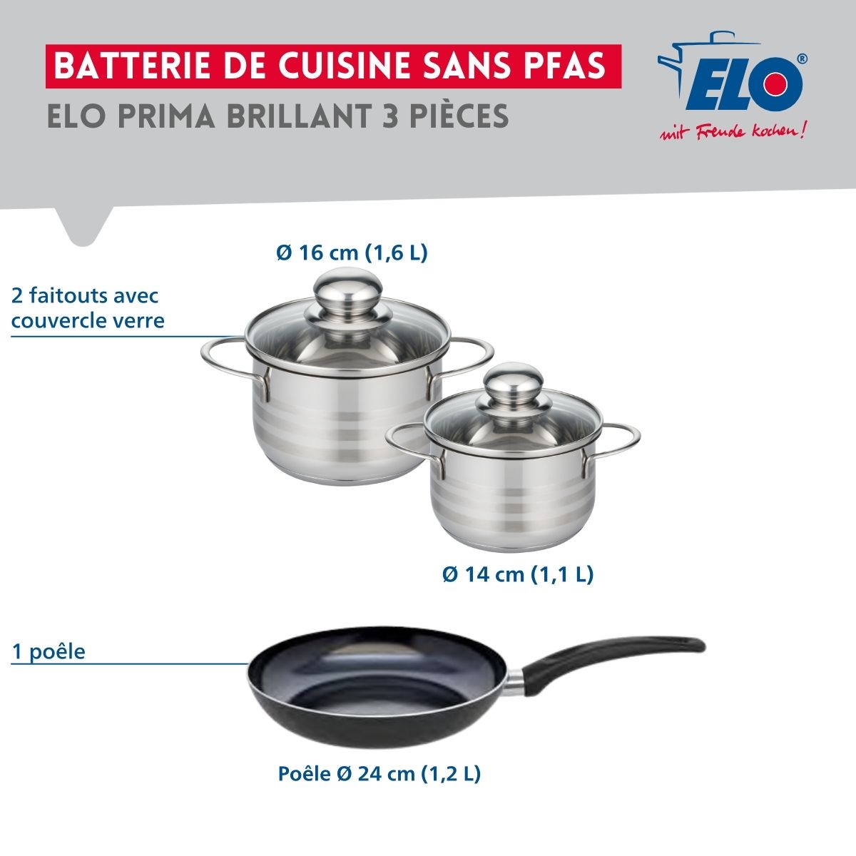 Ensemble de 1 Poêle de cuisson 24 cm et 2 faitouts 14 et 16 cm  Prima Brillant Elo - Mathon - 2