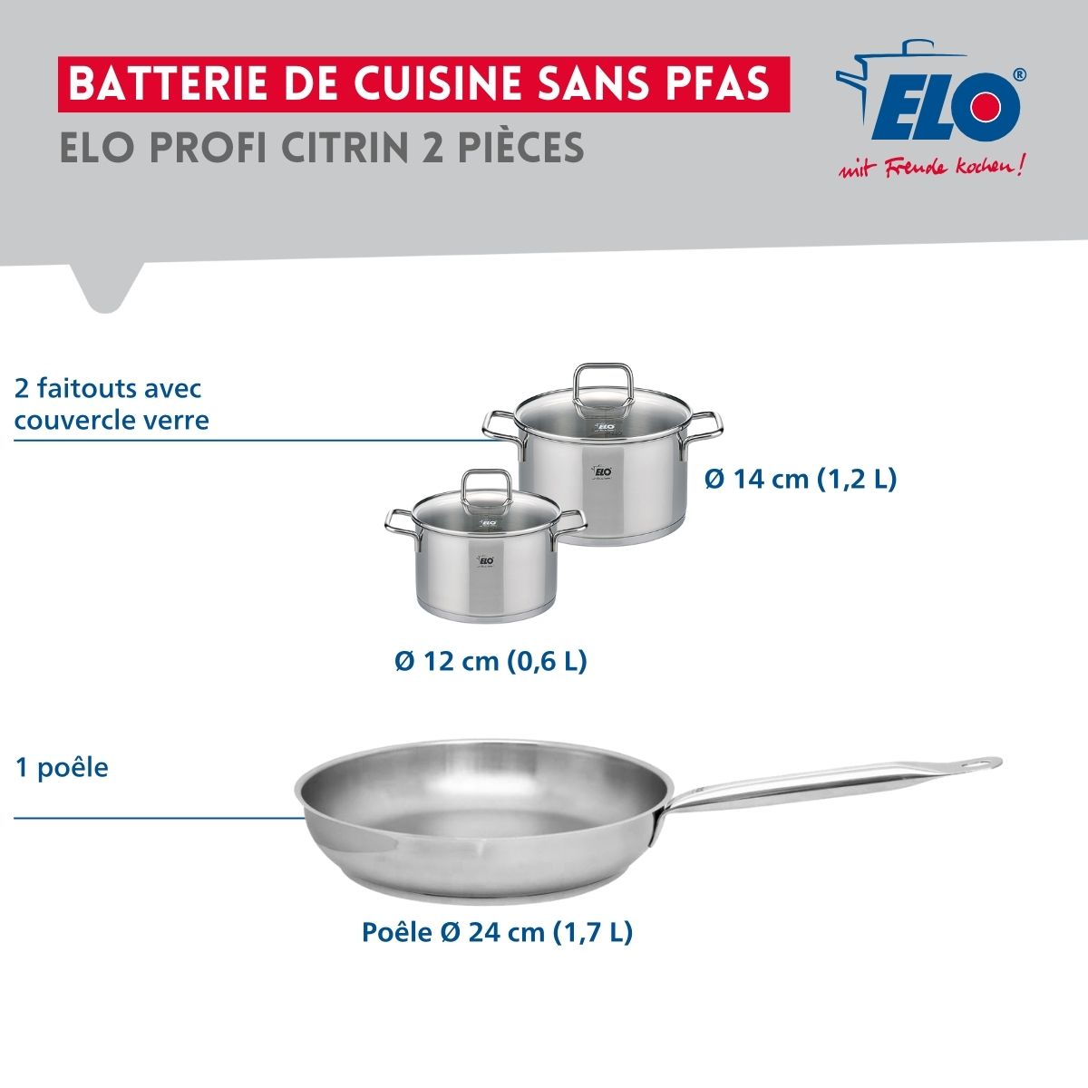 Ensemble de 1 Poêle de cuisson 24 cm et 2 faitouts 12 et 14 cm  Profi Citrin Elo - Mathon - 2