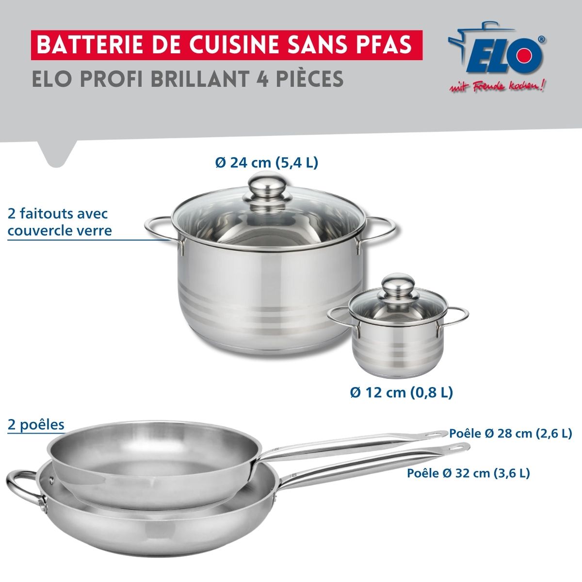 Ensemble de 2 Poêles de cuisson 28 et 32 cm et 2 faitouts 12 et 24 cm  Profi Brillant Elo - Mathon - 2