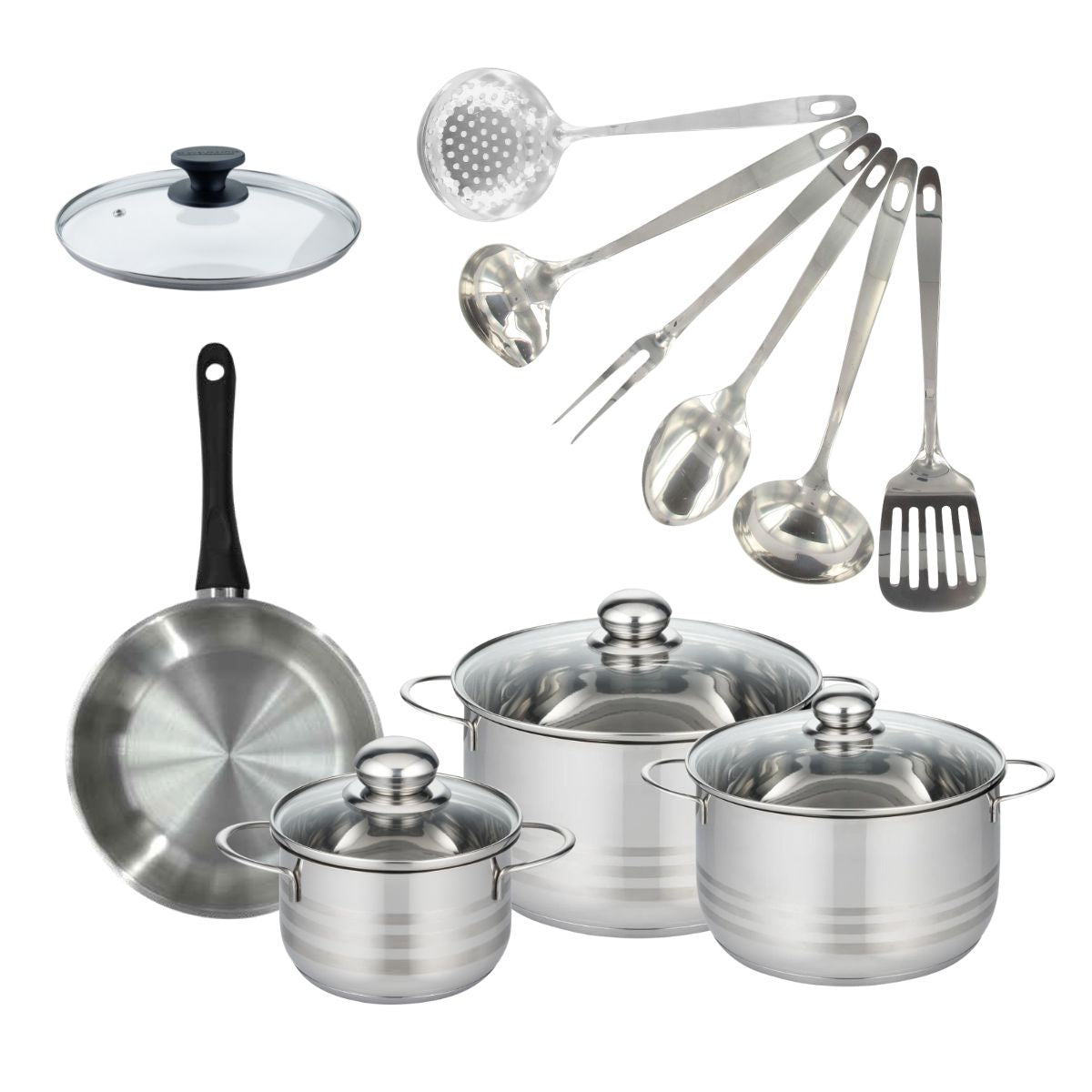 Set de 1 poêle 20 cm inox, couvercle verre, 3 faitouts inox 16, 20 et 24 cm et 6 ustensiles inox  Geneva Fackelmann - Mathon - 1
