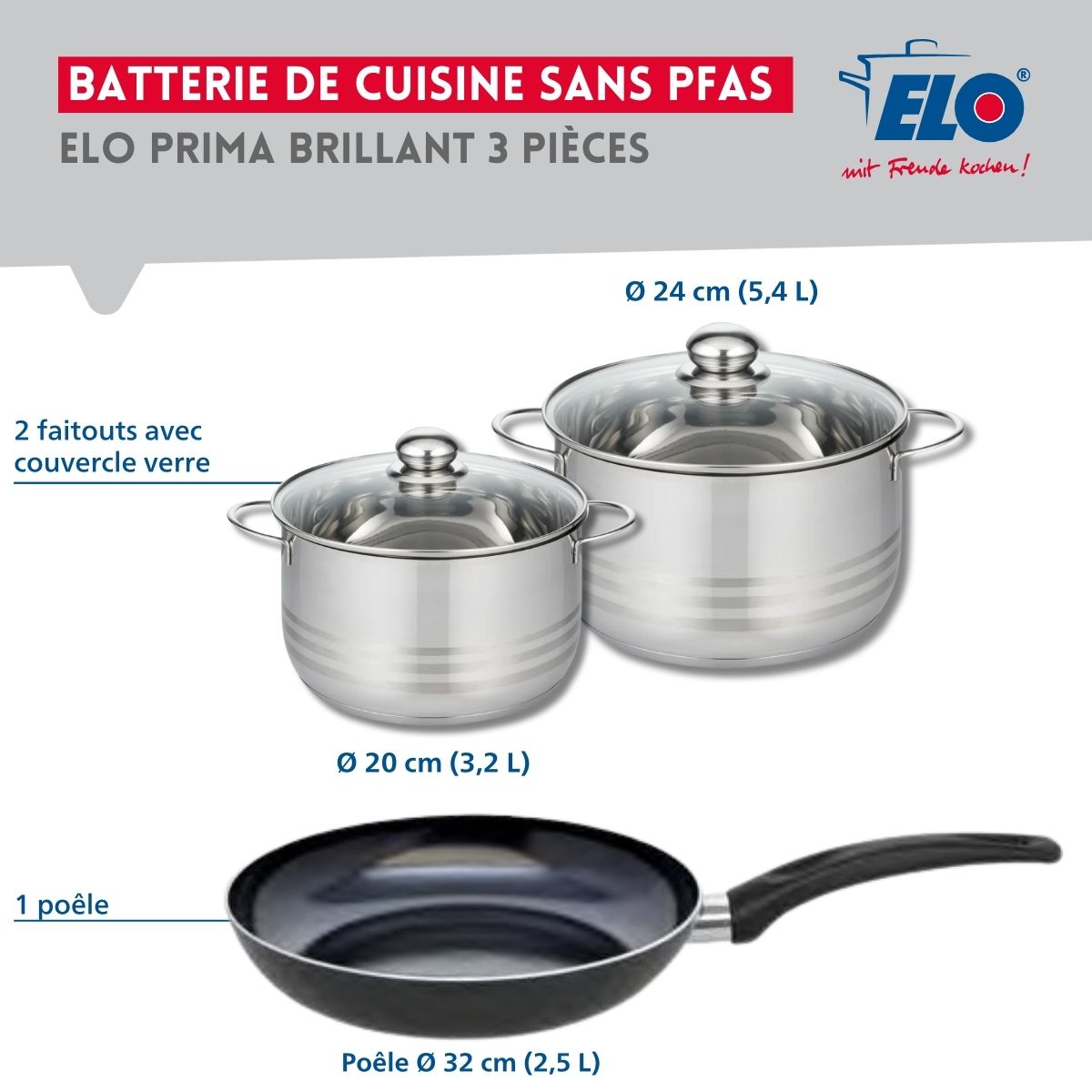 Ensemble de 1 Poêle de cuisson 32 cm et 2 faitouts 20 et 24 cm  Prima Brillant Elo - Mathon - 2