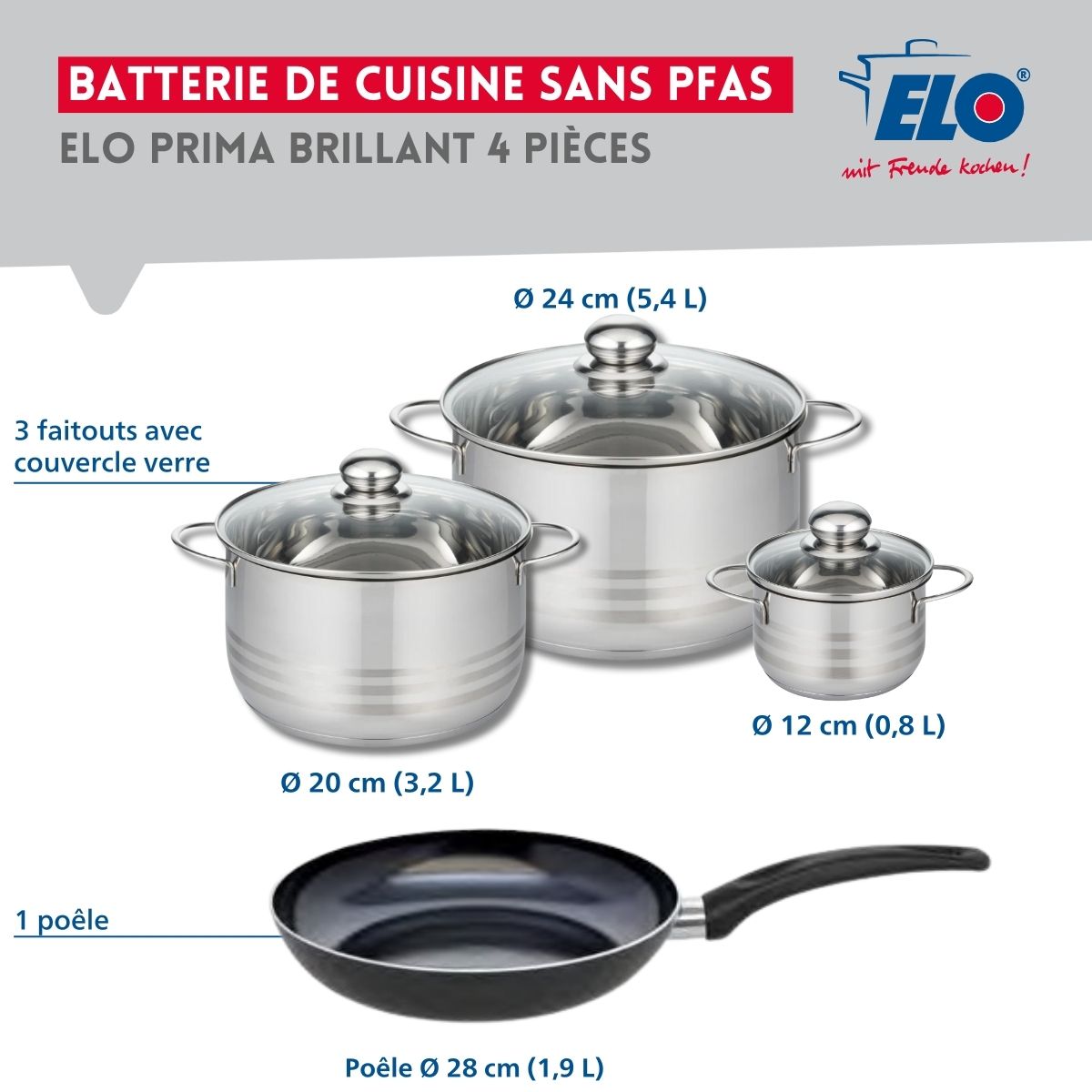 Ensemble de 1 Poêle de cuisson 28 cm et 3 faitouts 12, 20 et 24 cm  Prima Brillant Elo - Mathon - 2
