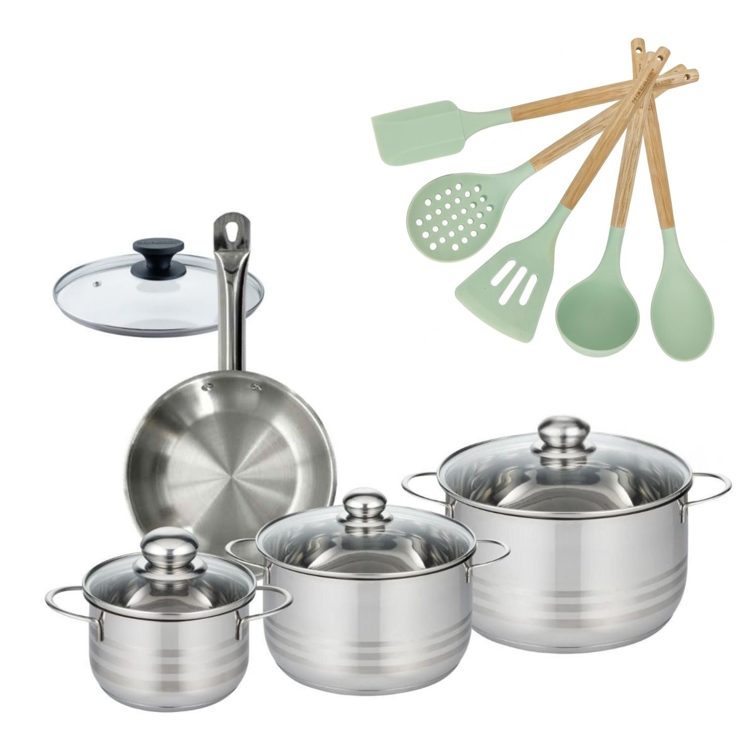 Lot Poêle 20cm et 3 Faitouts 16/20/24cm  Etherna avec 6 ustensiles Fackelmann - Mathon - 1