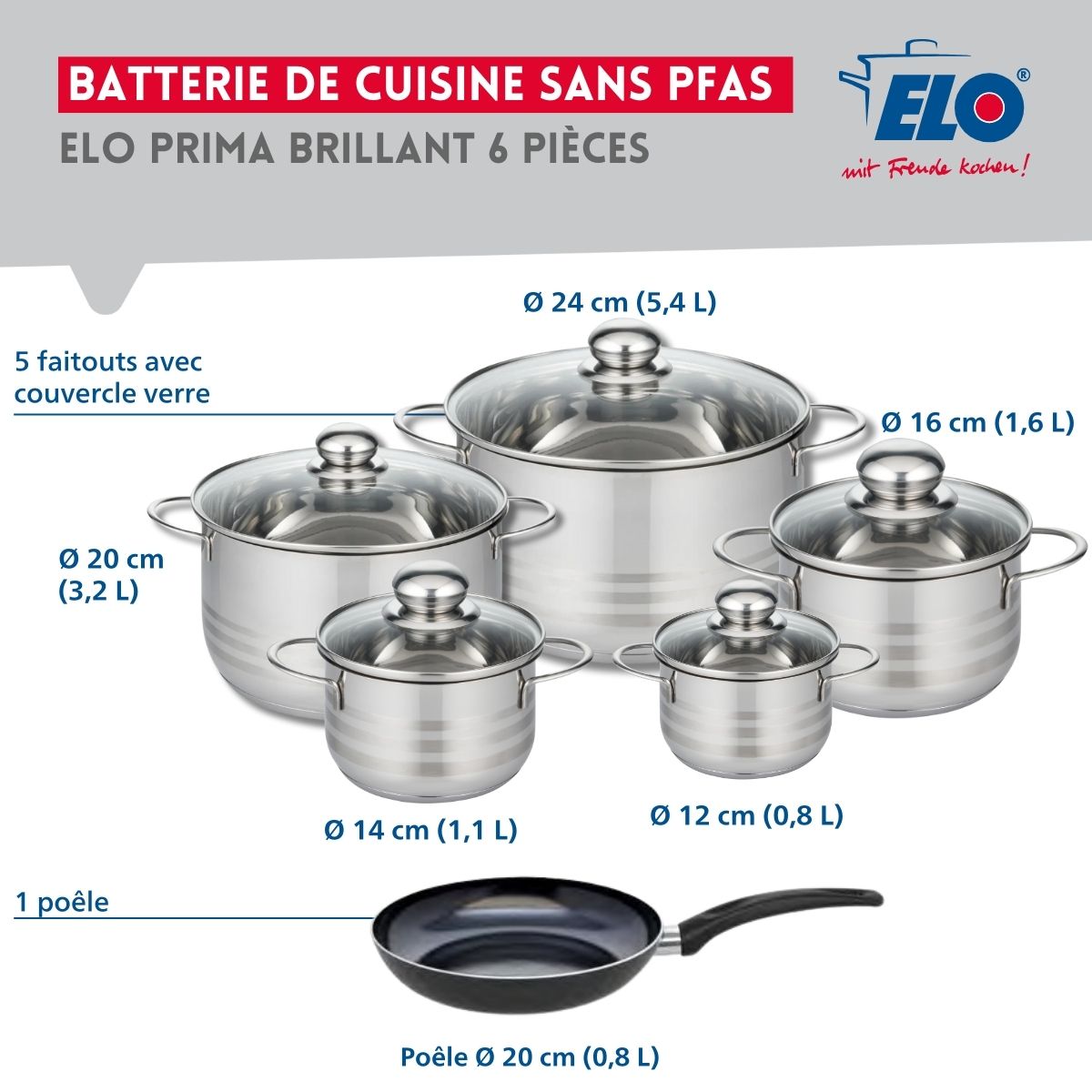 Ensemble de 1 Poêle de cuisson 20 cm et 5 faitouts 12, 14, 16, 20 et 24 cm  Prima Brillant Elo - Mathon - 2