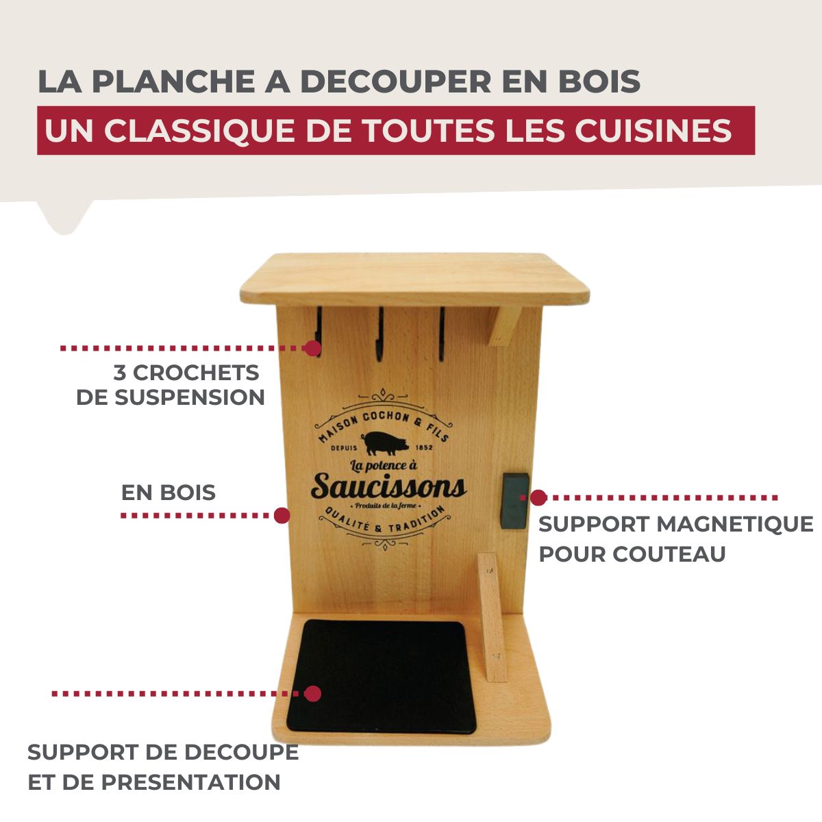 Support en bois pour saucisson sec avec crochets Fackelmann - Mathon - 4