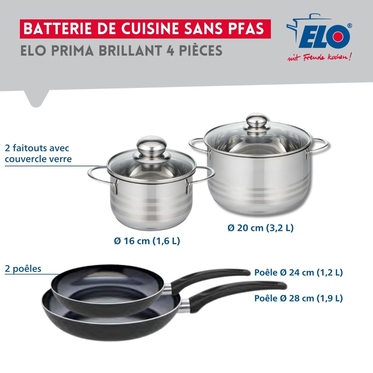 Ensemble de 2 Poêles de cuisson 24 et 28 cm et 2 faitouts 16 et 20 cm  Prima Brillant Elo - Mathon - 2