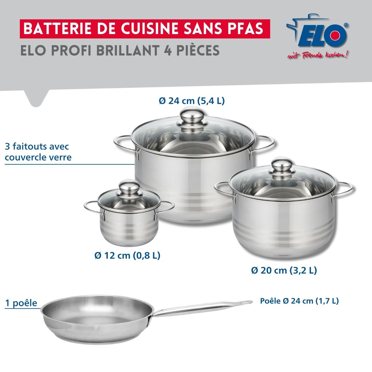 Ensemble de 1 Poêle de cuisson 24 cm et 3 faitouts 12, 20 et 24 cm  Profi Brillant Elo - Mathon - 2