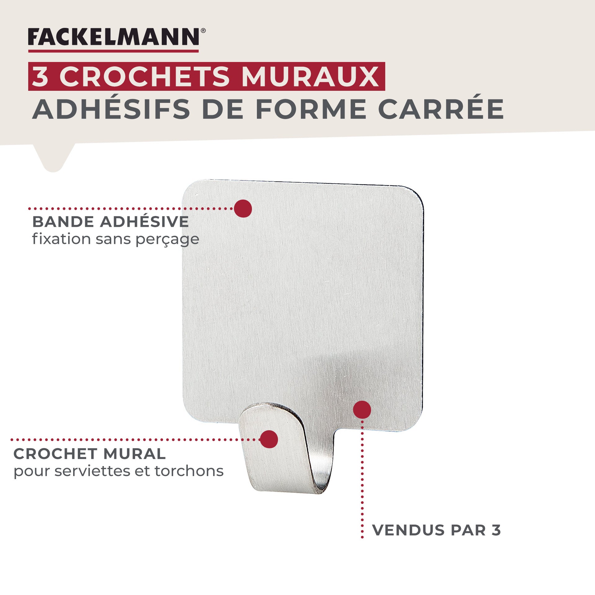 Lot de 3 crochets adhésifs carrés en acier inoxydable  Tecno Fackelmann - Mathon - 2