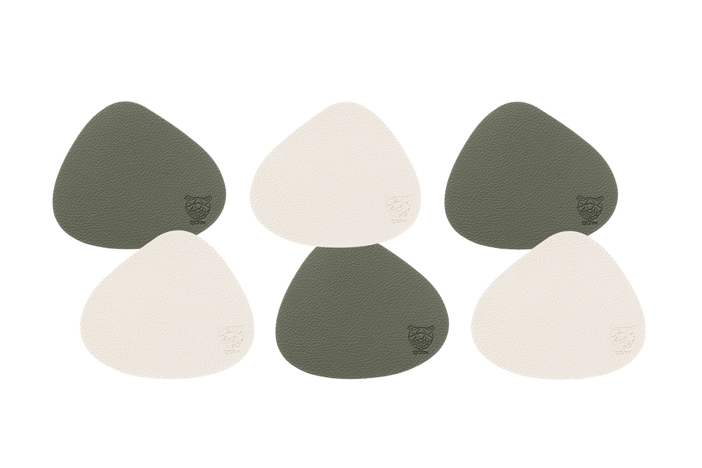 Sous-verre curve réversible - 6 pièces - Cuir recyclé blanc crème et vert de gris Björn - Mathon - 1