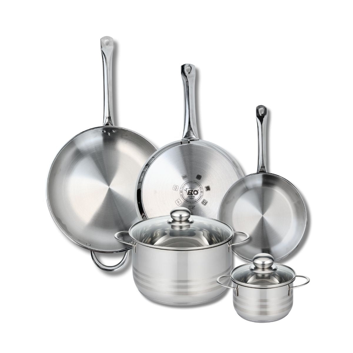 Ensemble de 3 Poêles de cuisson 24, 28 et 32 cm et 2 faitouts 14 et 24 cm  Profi Brillant Elo - Mathon - 1