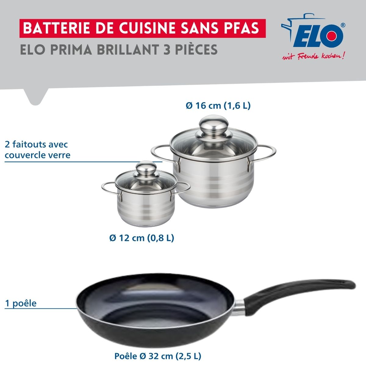 Ensemble de 1 Poêle de cuisson 32 cm et 2 faitouts 12 et 16 cm  Prima Brillant Elo - Mathon - 2