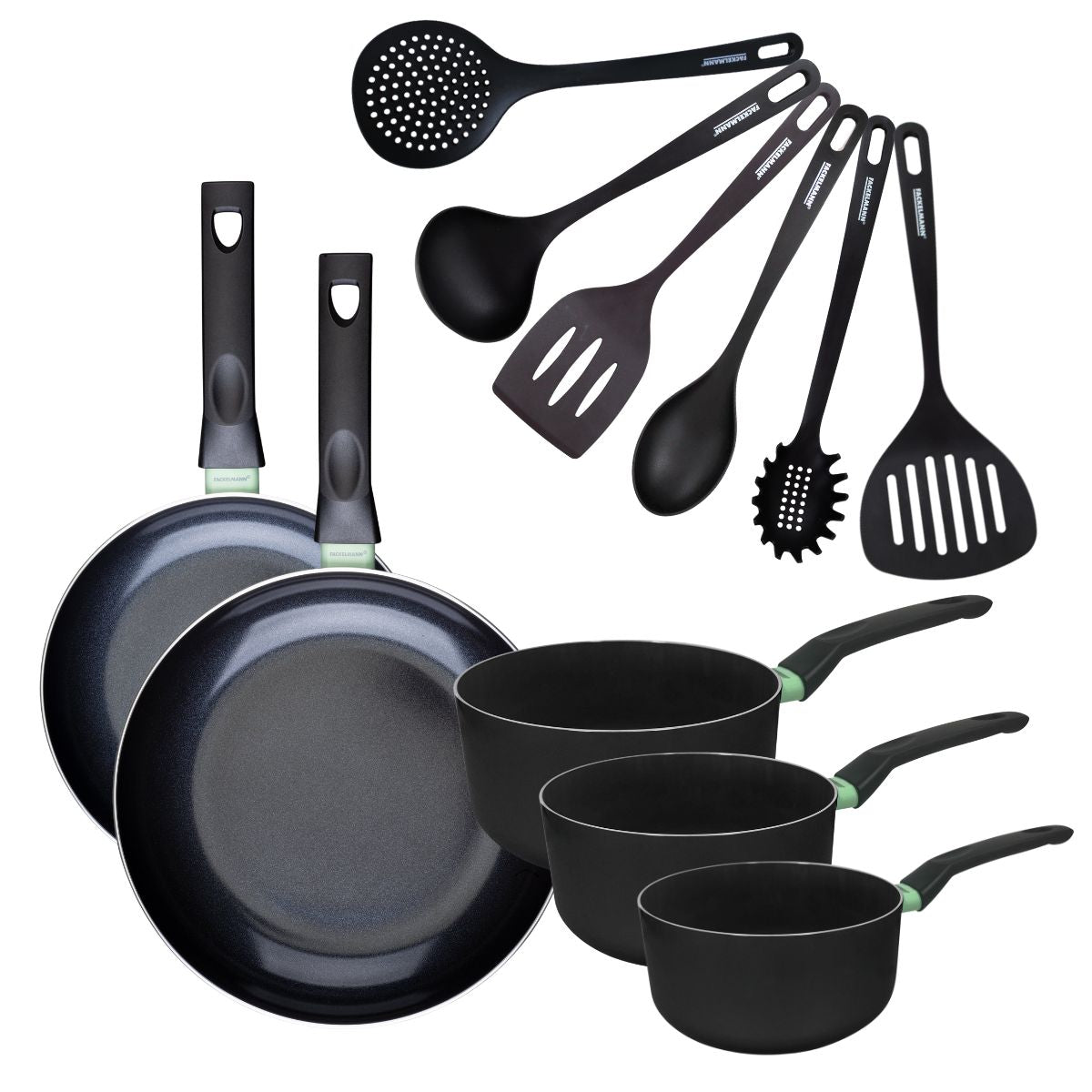 Set de 2 poêles 24 et 28 cm et 3 casseroles 16, 18 et 20 cm antiadhésives céramique et 6 ustensiles  Brandao Fackelmann - Mathon - 1