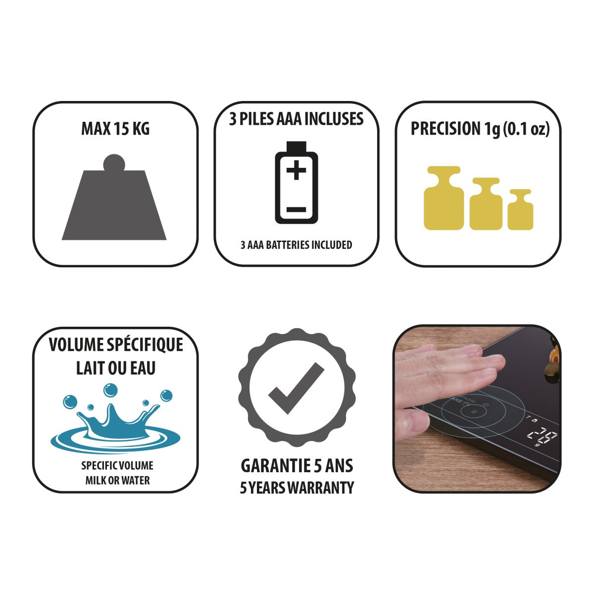 Balance de cuisine électronique noire 15 kg fonction tare sans contact - Mathon - 3