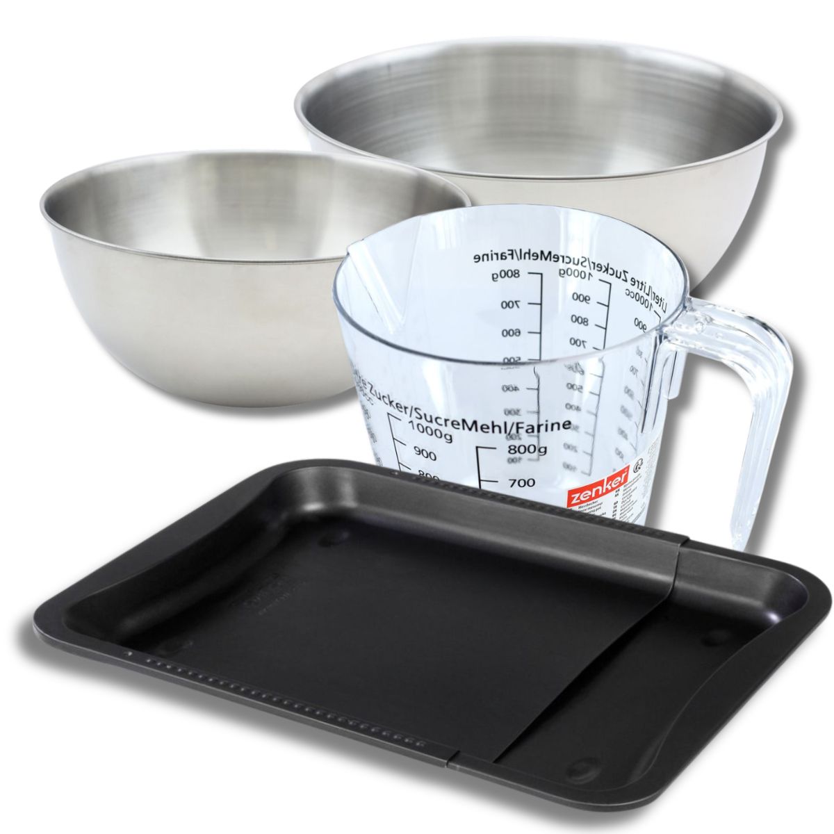 Set pâtisserie avec plaque de four extensible de 35-52 cm, 2 bols à mixer, verre mesureur et spatule Zenker Zenker - Mathon - 1