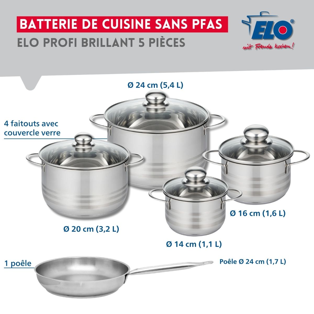 Ensemble de 1 Poêle de cuisson 24 cm et 4 faitouts 14, 16, 20 et 24 cm  Profi Brillant Elo - Mathon - 2