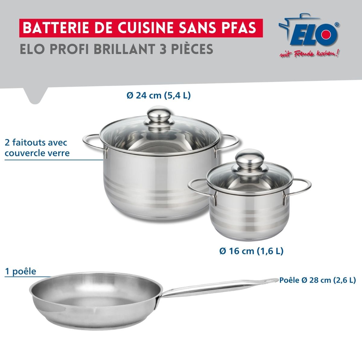 Ensemble de 1 Poêle de cuisson 28 cm et 2 faitouts 16 et 24 cm  Profi Brillant Elo - Mathon - 2
