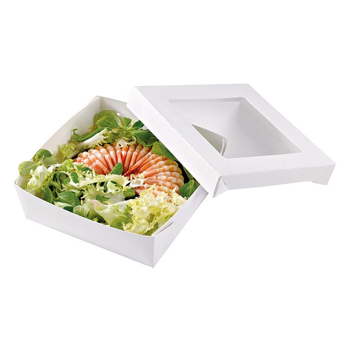 25Pcs - Boite "Kray" carrée carton blanc avec couvercle à fenêtre  135x135x50mm 700ml FirstPack - Mathon - 1