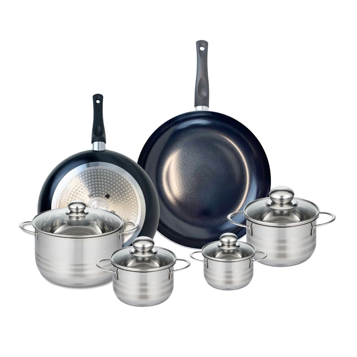 Ensemble de 2 Poêles de cuisson 28 et 32 cm et 4 faitouts 12, 14, 16 et 20 cm  Prima Brillant Elo - Mathon - 1