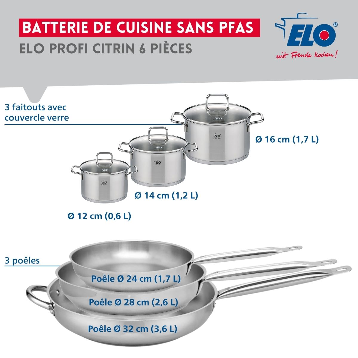 Ensemble de 3 Poêles de cuisson 24, 28 et 32 cm et 3 faitouts 12, 14 et 16 cm  Profi Citrin Elo - Mathon - 2