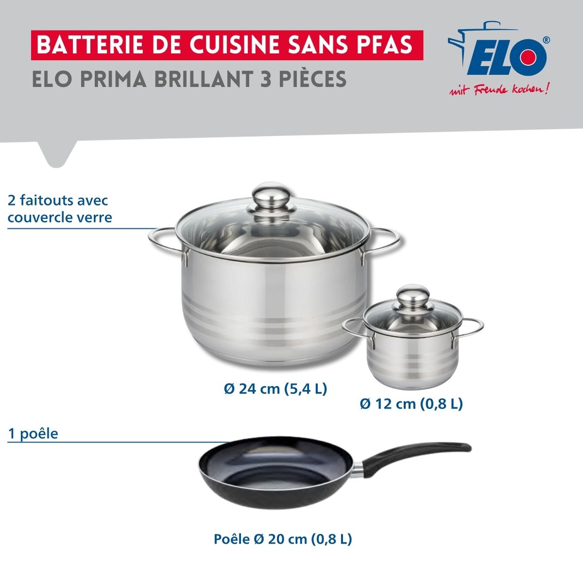 Ensemble de 1 Poêle de cuisson 20 cm et 2 faitouts 12 et 24 cm  Prima Brillant Elo - Mathon - 2