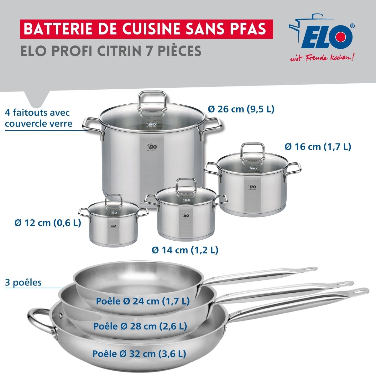 Ensemble de 3 Poêles de cuisson 24, 28 et 32 cm et 4 faitouts 12, 14, 16 et 26 cm  Profi Citrin Elo - Mathon - 2