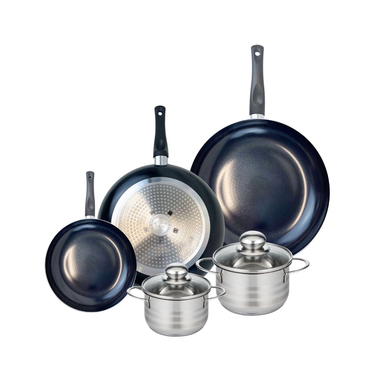 Ensemble de 3 Poêles de cuisson 20, 28 et 32 cm et 2 faitouts 14 et 16 cm  Prima Brillant Elo - Mathon - 1