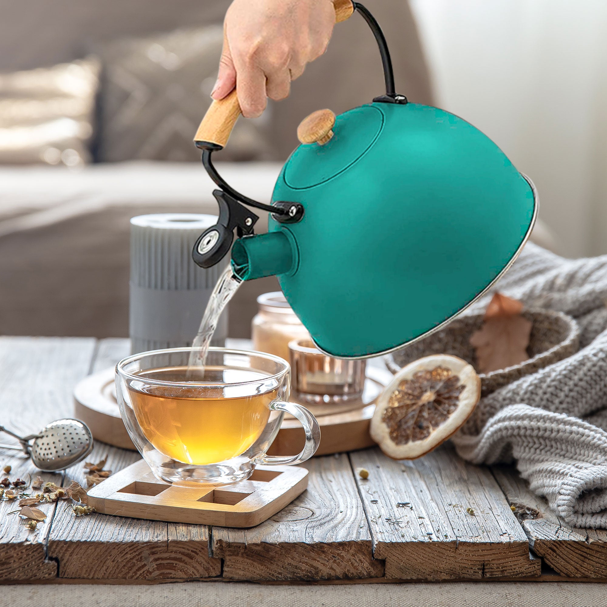 Bouilloire à Induction Théière Sifflet 2,3L  Acier Inox., Poignée en Bois  Vert Nordic - Mathon - 2