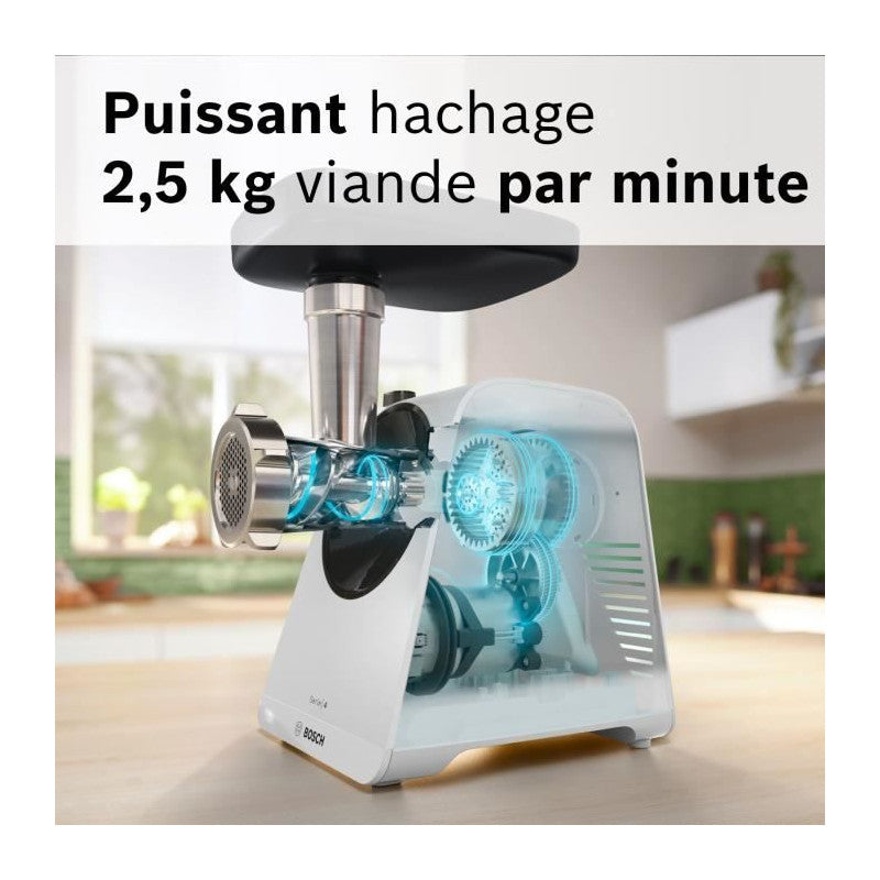 Hachoir A Viande -   - Mfws420w Série 4 - Blanc - 500 W - Moteur Bloqué 1900 W - 2,5 Kg/mn - 2 Vitesses - 2 Grilles De Hac Bosch - Mathon - 3