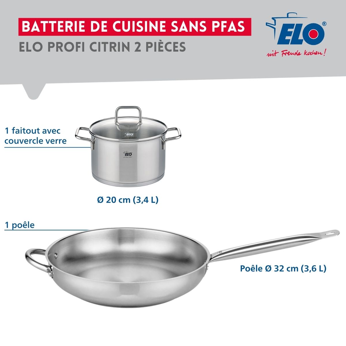 Ensemble de 1 Poêle de cuisson 32 cm et 1 faitout 20 cm  Profi Citrin Elo - Mathon - 2