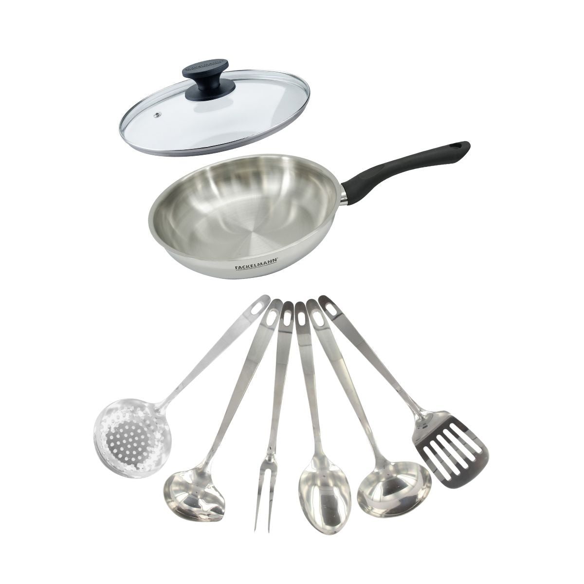Set poêle 24 cm en inox, couvercle verre et 6 ustensiles inox  Geneva Fackelmann - Mathon - 1