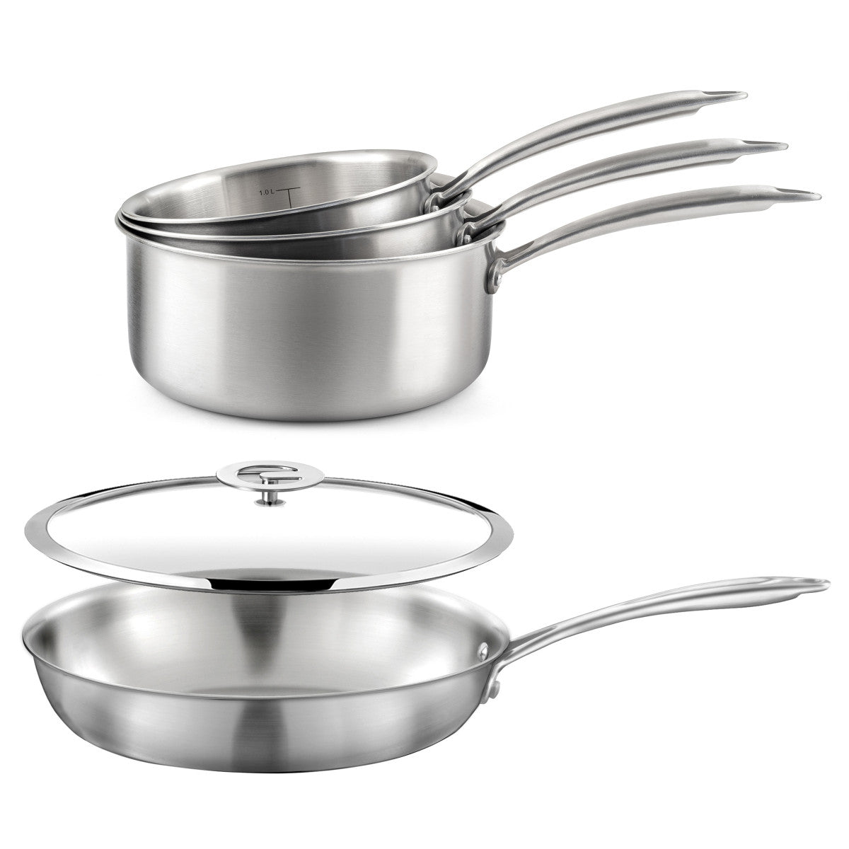 Gourmet – Lot de 3 casseroles inox 16/18/20 cm, 1 poêle inox 24 cm, 1 couvercle 24 cm Cuisinox - Mathon - 1