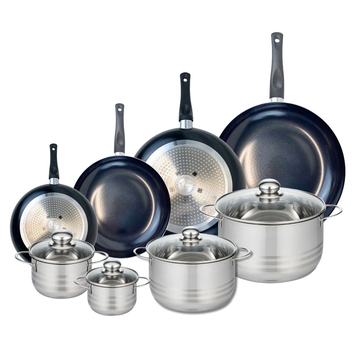 Ensemble de 4 Poêles de cuisson 20, 24, 28 et 32 cm et 4 faitouts 12, 14, 20 et 24 cm  Prima Brillant Elo - Mathon - 1