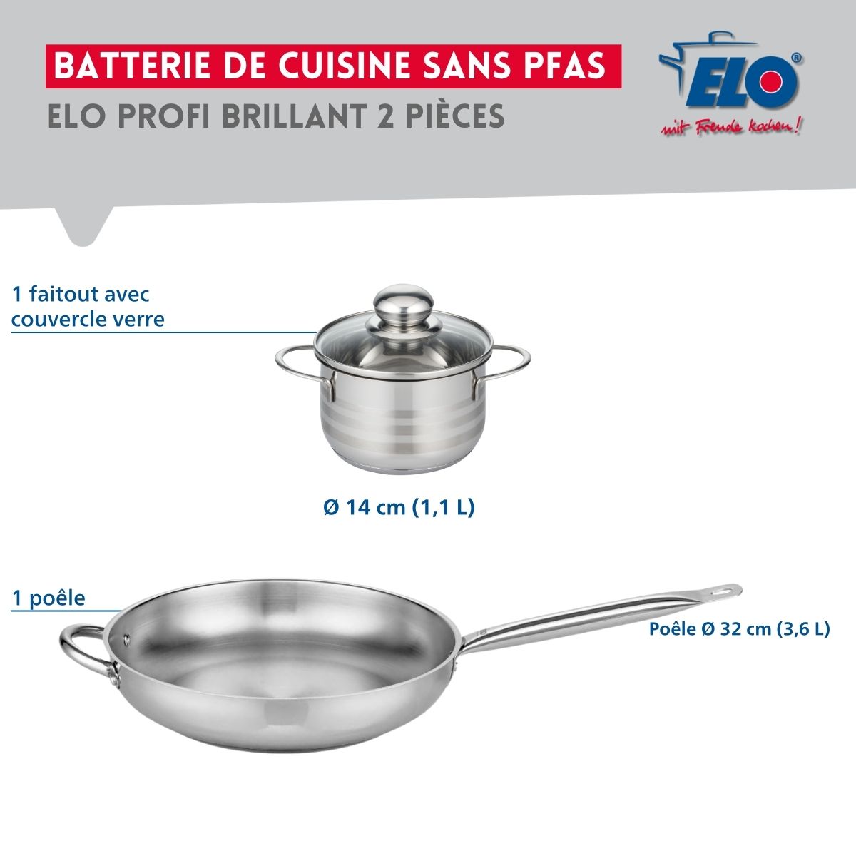 Ensemble de 1 Poêle de cuisson 32 cm et 1 faitout 14 cm  Profi Brillant Elo - Mathon - 2