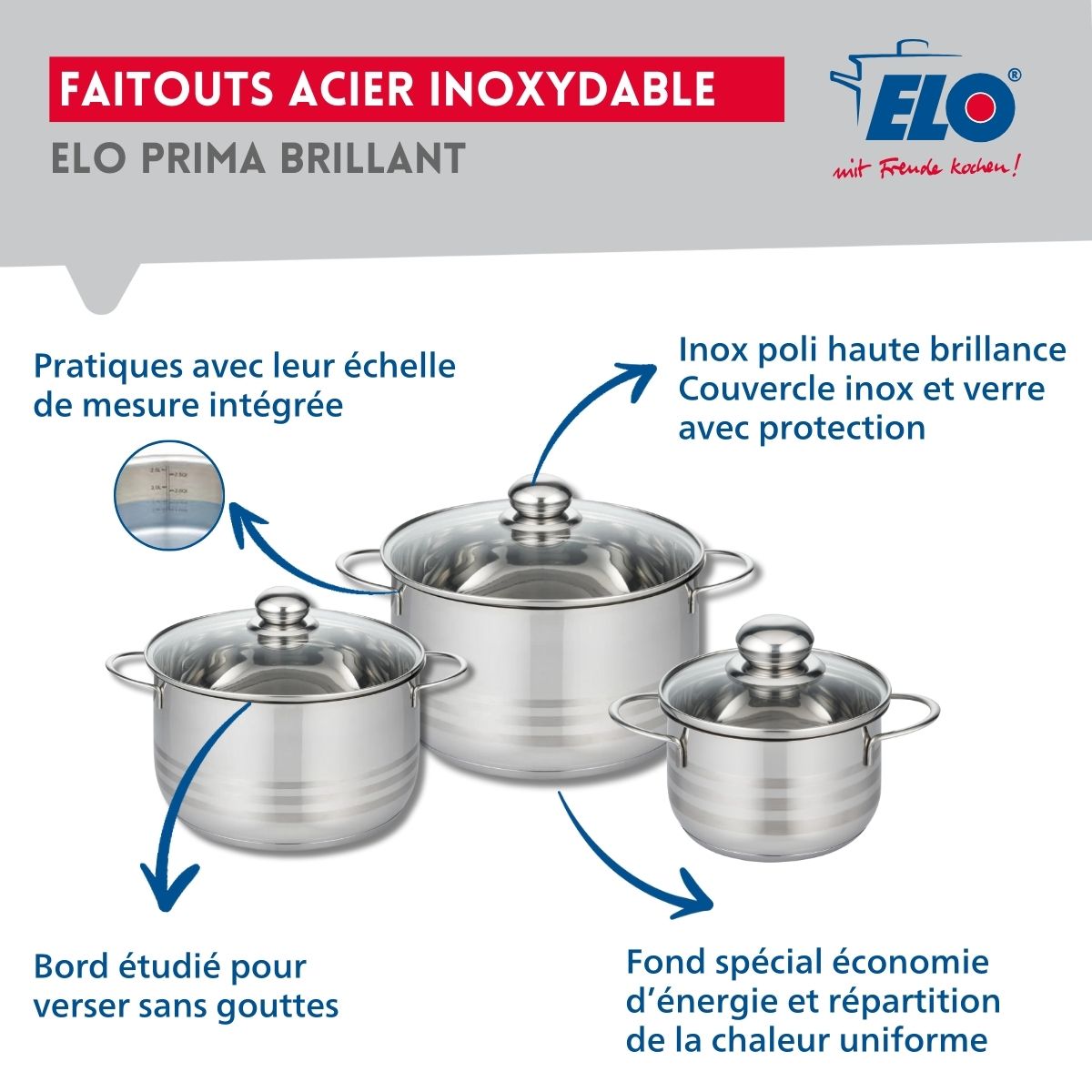 Ensemble de 3 Poêles de cuisson 20, 24 et 32 cm et 3 faitouts 16, 20 et 24 cm  Prima Brillant Elo - Mathon - 3