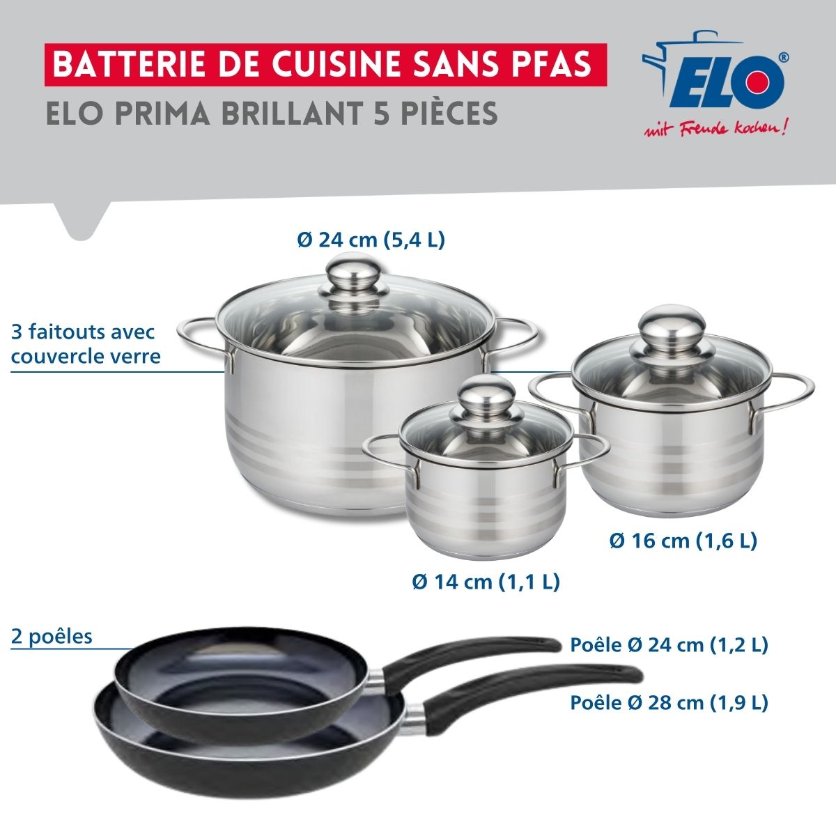 Ensemble de 2 Poêles de cuisson 24 et 28 cm et 3 faitouts 14, 16 et 24 cm  Prima Brillant Elo - Mathon - 2