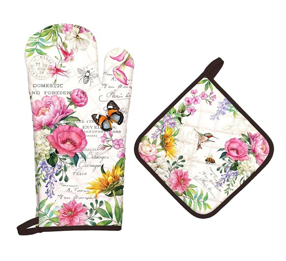 Gants et Manique Cuisine Peints à la Main Fleurs Papillons Vendos85 - Mathon