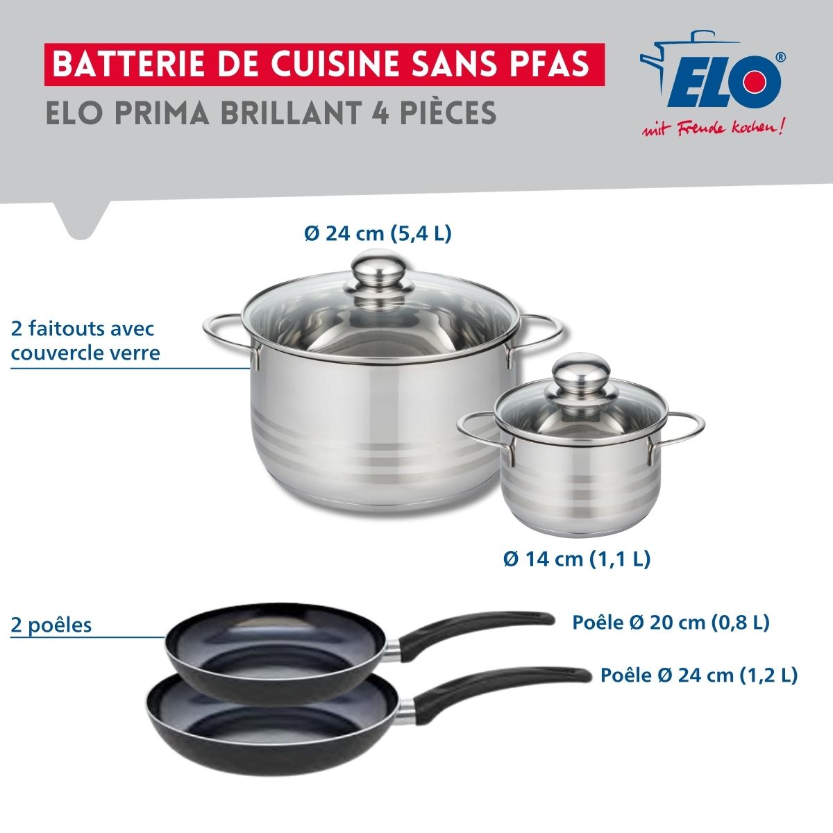 Ensemble de 2 Poêles de cuisson 20 et 24 cm et 2 faitouts 14 et 24 cm  Prima Brillant Elo - Mathon - 2