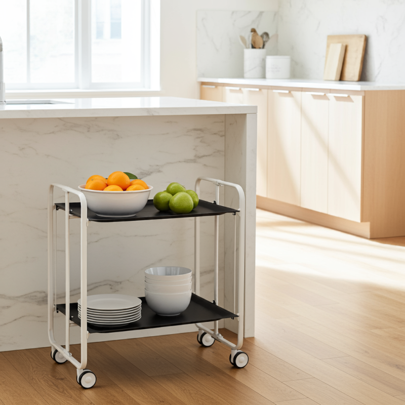 Desserte pliante 2 niveaux avec roulettes – structure blanche, bauhaus Don Hierro - Mathon - 3