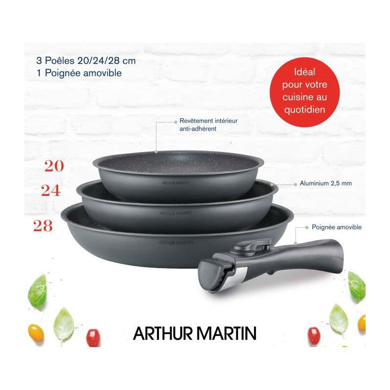 Batterie De Cuisine   Am521gm Set De 3 Poeles - Gris Mat 20-24-28 Cm + 1 Poignée Amovible - Tous Feux Dont Inductio Arthur Martin - Mathon - 2