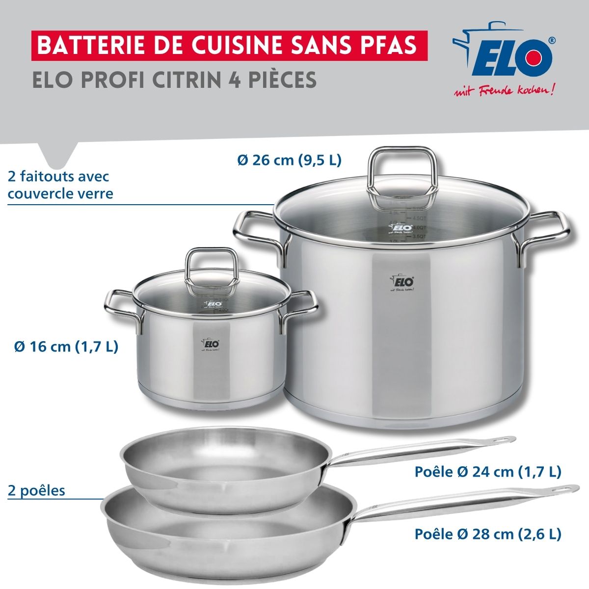 Set de 2 Poêles de cuisson 24 et 28 cm et 2 faitouts 16 et 26 cm  Profi Citrin Elo - Mathon - 2