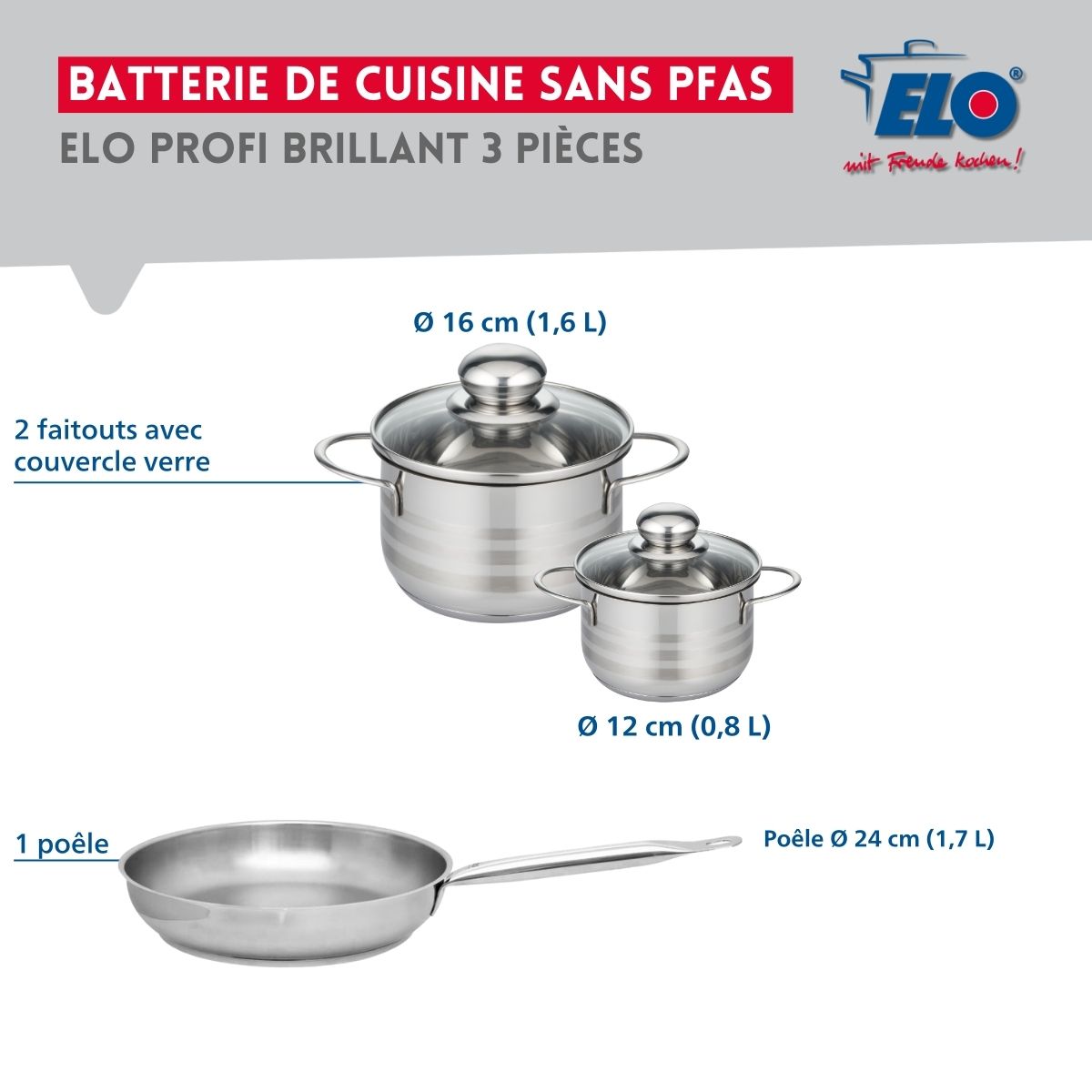 Ensemble de 1 Poêle de cuisson 24 cm et 2 faitouts 12 et 16 cm  Profi Brillant Elo - Mathon - 2