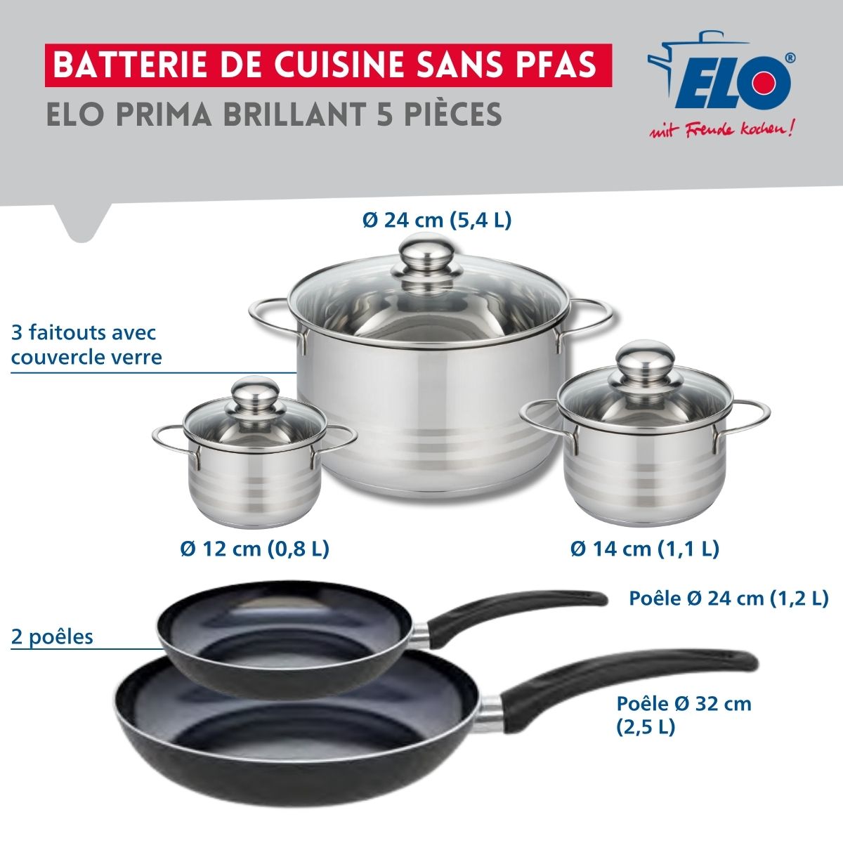 Ensemble de 2 Poêles de cuisson 24 et 32 cm et 3 faitouts 12, 14 et 24 cm  Prima Brillant Elo - Mathon - 2