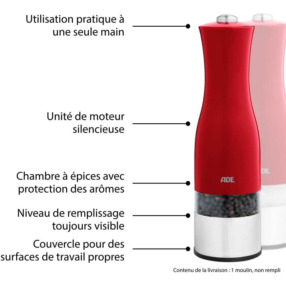 Moulin Poivre/sel électrique - Ade -kitchen Gadgets - Acier Inoxydable/plastique - H 22,5 Cm - Inclus 6 Pilles Aaa - Rouge ADE - Mathon - 4