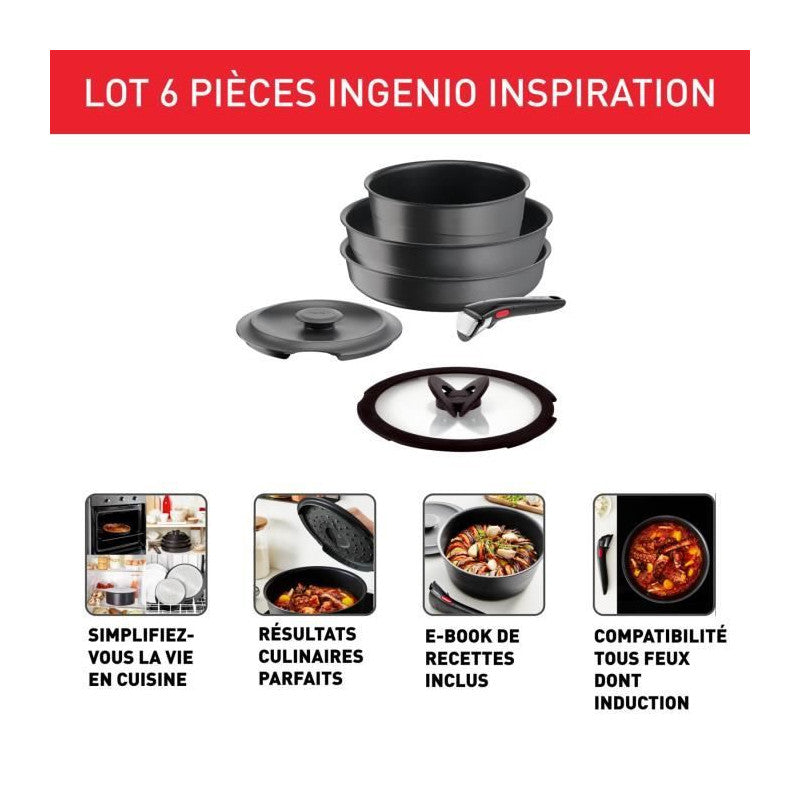 Ingenio Lot 6 Pieces, Induction, Fonte Aluminium, Antiadhésif, Poele, Cocotte, Couvercle Fonte + Verre, Inspiration L867s Tefal - Mathon - 2