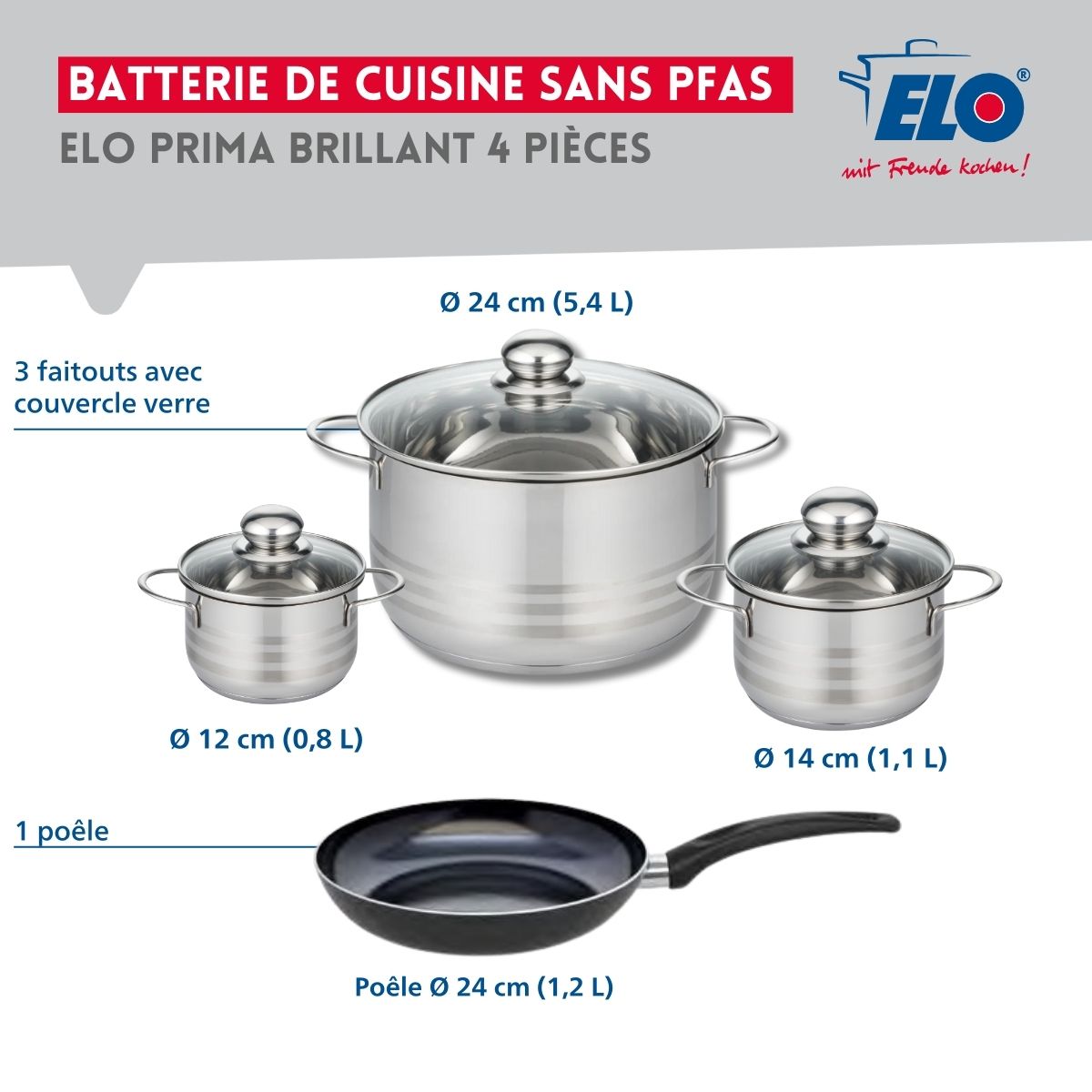 Ensemble de 1 Poêle de cuisson 24 cm et 3 faitouts 12, 14 et 24 cm  Prima Brillant Elo - Mathon - 2