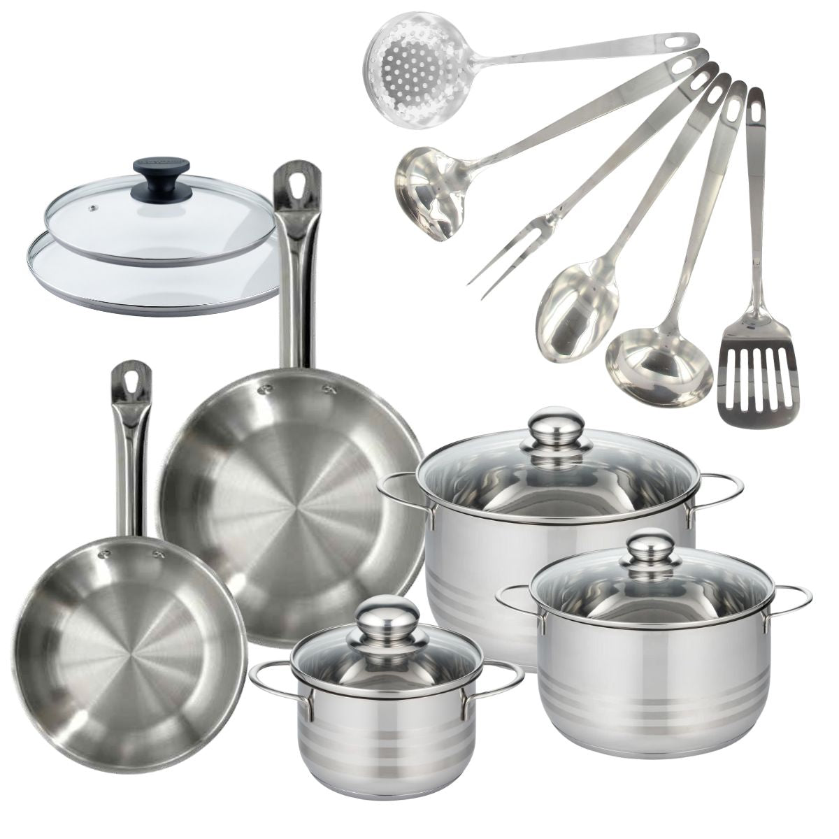 Set 2 poêles 20 et 24 cm en inox et couvercles, 3 faitouts inox 16, 20 et 24 cm et 6 ustensiles inox  Eterna Fackelmann - Mathon - 1