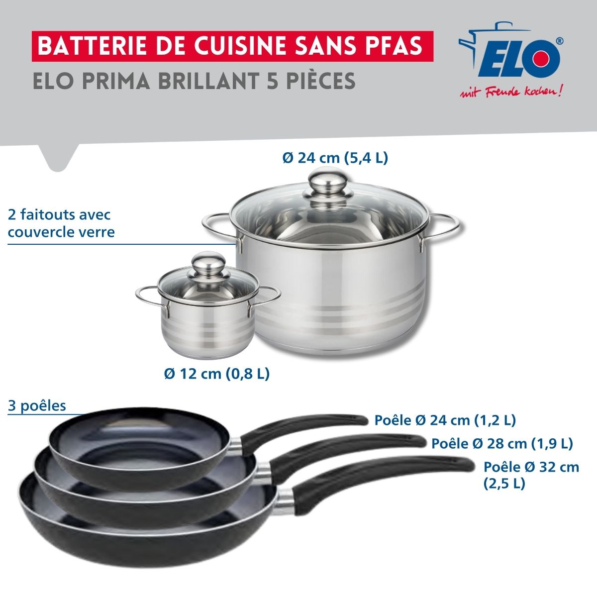 Ensemble de 3 Poêles de cuisson 24, 28 et 32 cm et 2 faitouts 12 et 24 cm  Prima Brillant Elo - Mathon - 2